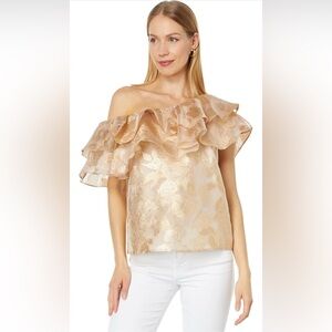 NWT Lilly Pulitzer Trixie One Shoulder Ruffle Top Gold Organza Brocade Size XL